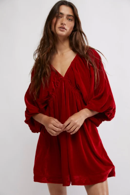 Free People: Portia Velvet Mini Dress in Rubies Trendy Off-Shoulder Dress Mini