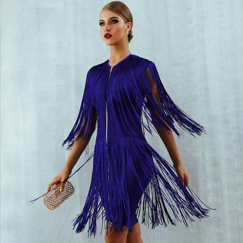 Fringe Zipper Detail Tassel Blue Mini Dress Elegant Floral-Print Mini Dress
