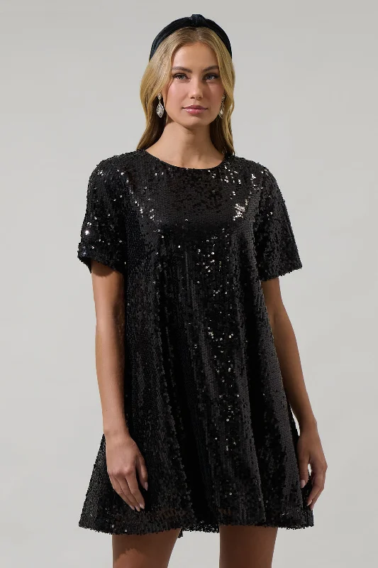 Ginevra Sequin Trapeze Mini Dress Trendy Button-Detail Mini Dress