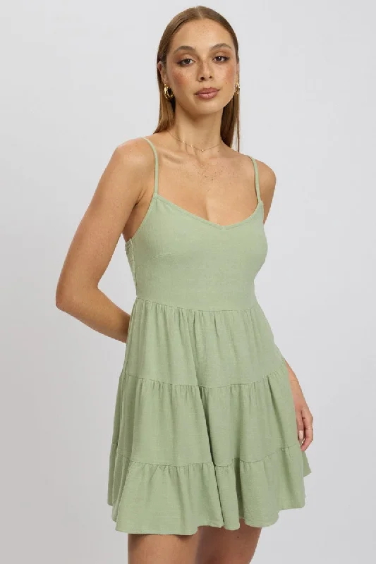 Green Mini Dress Tiered Strappy Comfortable Shift Mini Dress