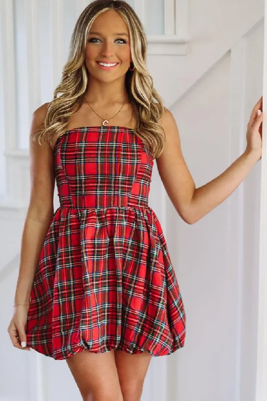 Holiday in Style Balloon Mini Dress - Red Plaid Stylish Short Sleeve Mini Dress