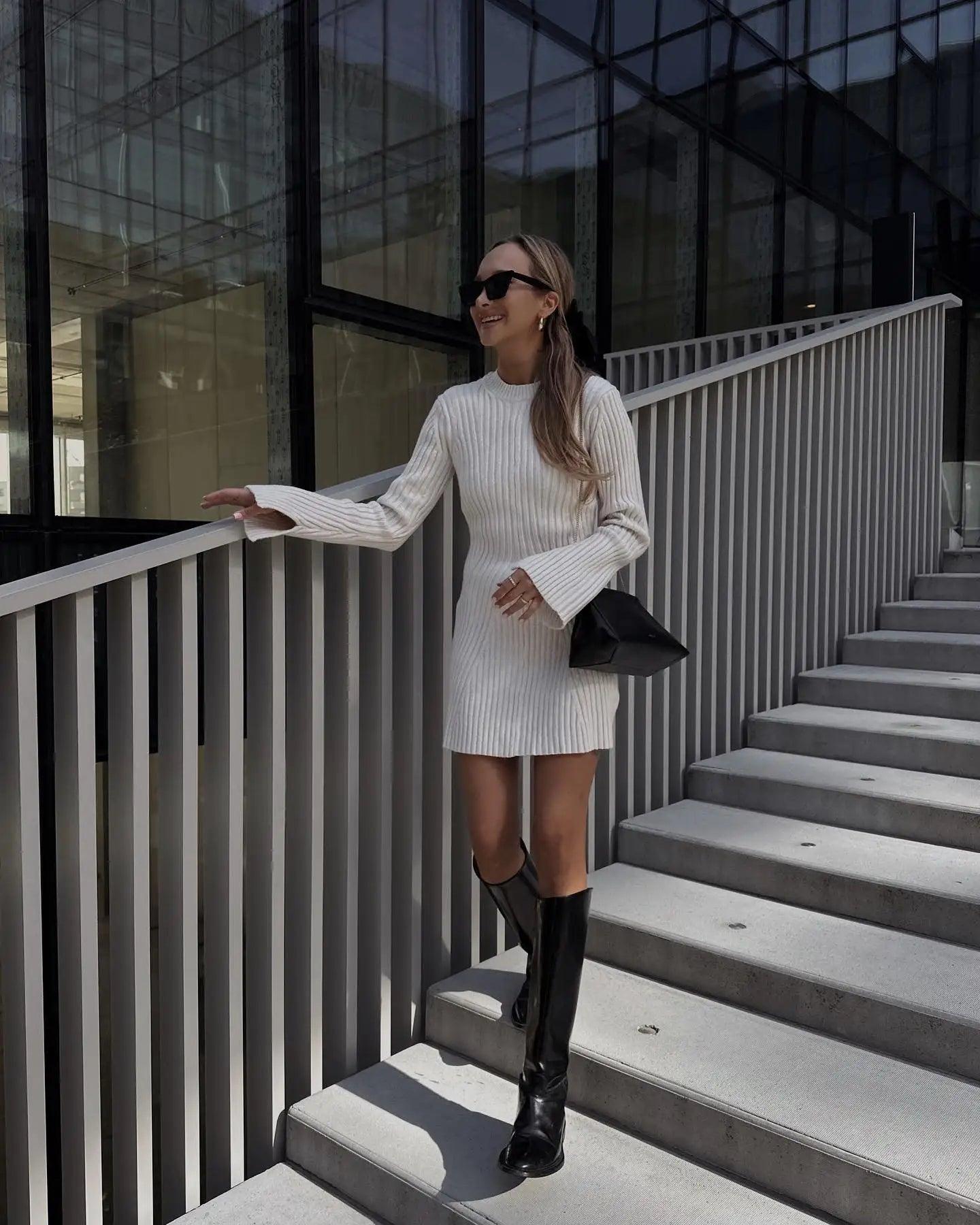 Knitted Long Sleeve Mini Dress Trendy Cut-Out Mini Dress