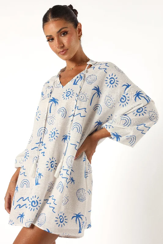 Laila Long Sleeve Linen Mini Dress - White Blue Trendy Mini Dress with Belt