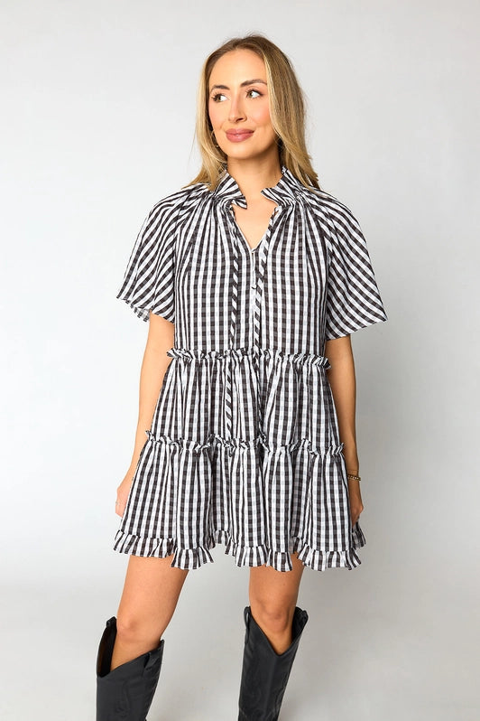 Lakin Swing Mini Dress - Black Check Cozy Wraparound Mini Dress