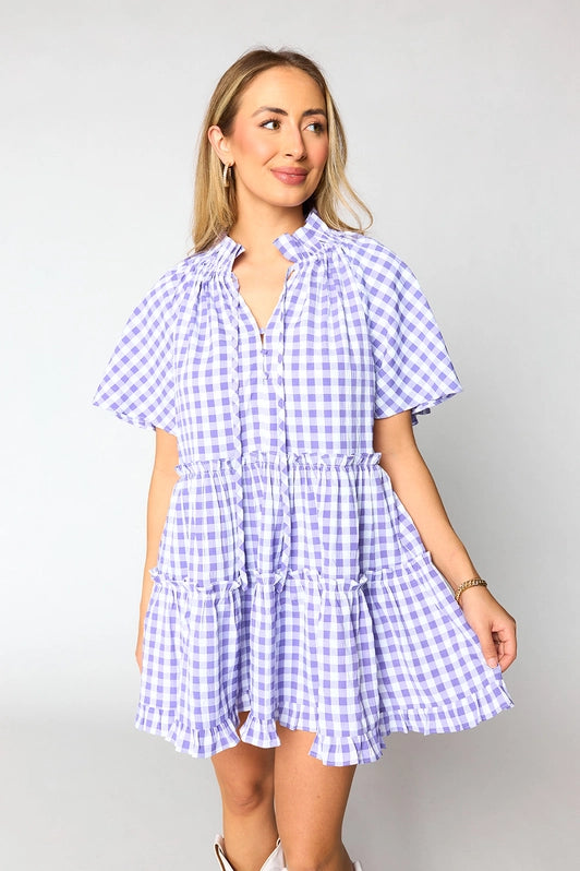 Lakin Swing Mini Dress - Violet Check Comfortable Fit-and-Flare Mini Dress