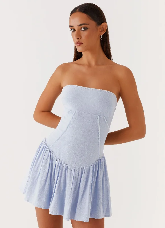 Larnie Linen Mini Dress - Blue Cozy Ruched Mini Dress