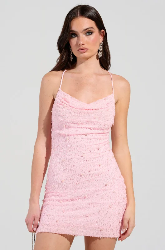 LOOK EXPENSIVE COWL NECK EMBELLISHED MINI DRESS Comfortable Zip-Up Mini Dress