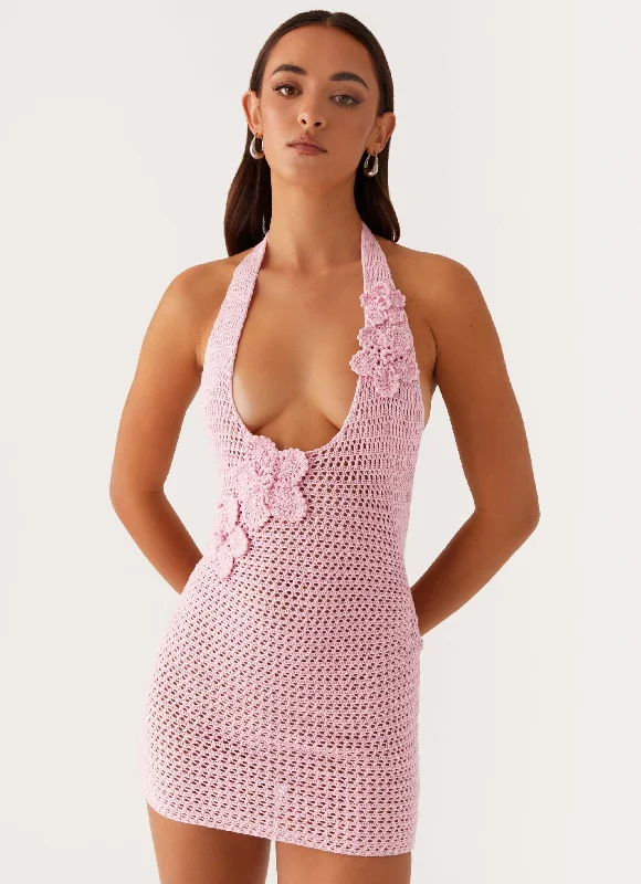 Luciana Crochet Halterneck Mini Dress - Pink Comfortable Off-Shoulder Mini Dress