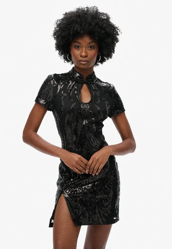 Mandarin Sequin Mini Dress | Art Deco Black Sequin Trendy Bodycon Mini Dress