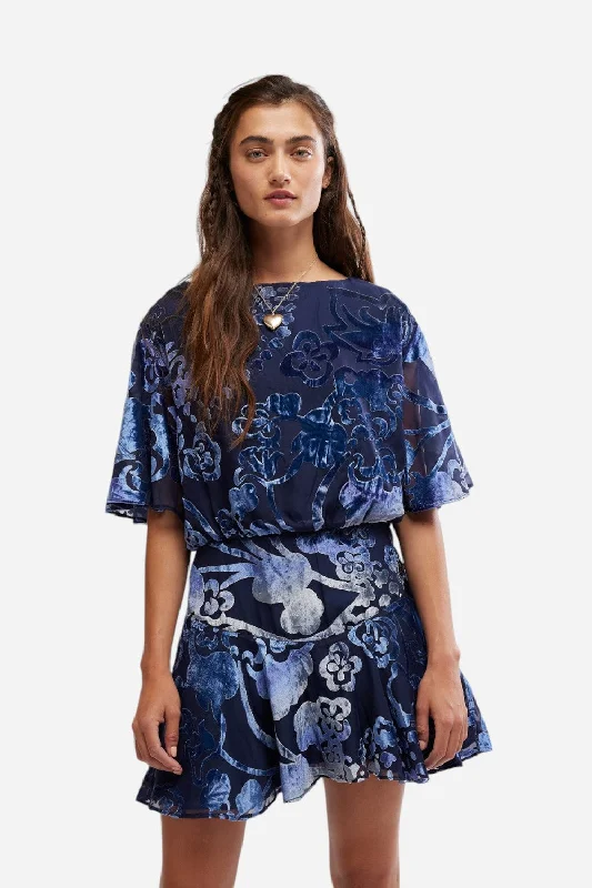 Free People Manuka Burnout Velvet Mini Dress in Navy Combo Stylish Ruffle Mini Dress