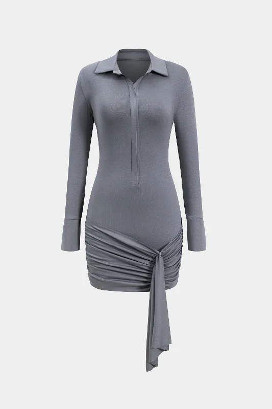 Ruched Button Long Sleeve Mini Dress Fashionable Denim Mini Dress
