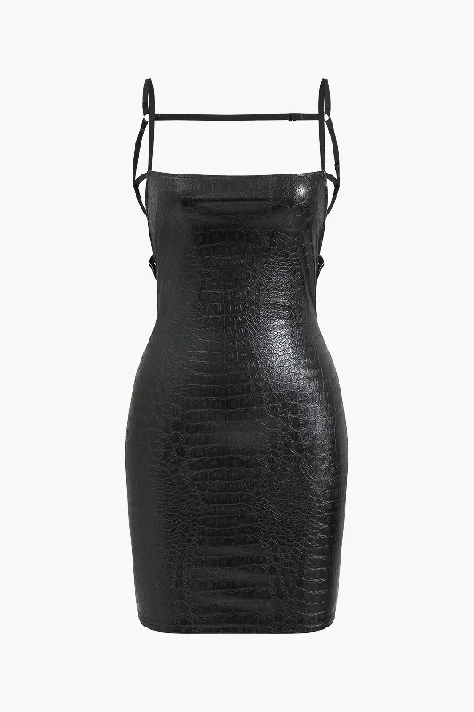 Crocodile Faux Leather Backless Sleeveless Slip Mini Dress Elegant Floral-Print Mini Dress