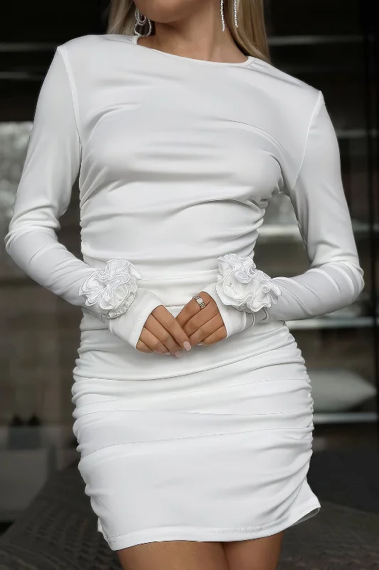 3D Floral Long Sleeve Round Neck Ruched Mini Dress Trendy Camisole Mini Dress