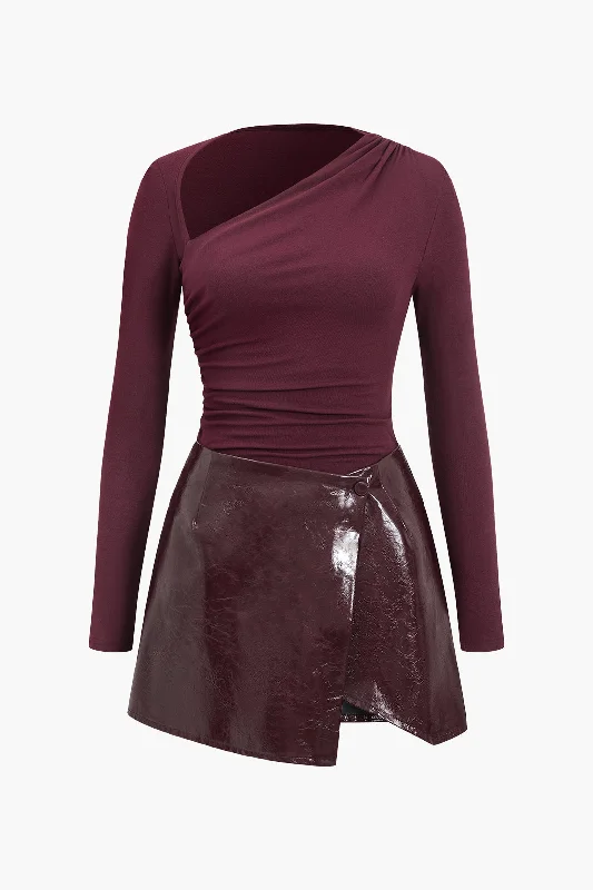 Faux Leather Patchwork Long Sleeve Mini Dress Comfortable Off-Shoulder Mini Dress