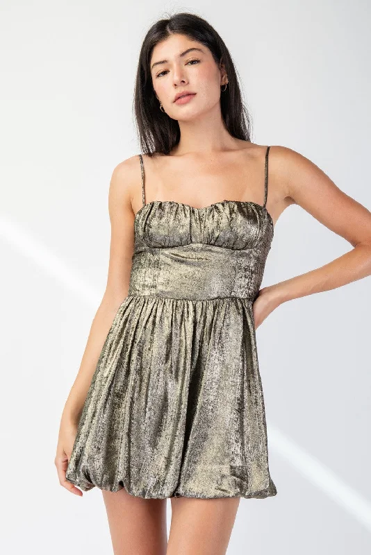 Metallic Satin Bubble Hem Mini Dress Trendy Wraparound Mini Dress