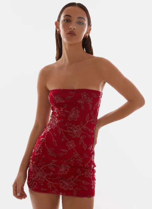 Moorey Beaded Mini Dress - Red Stylish Short-Sleeve Mini Dress