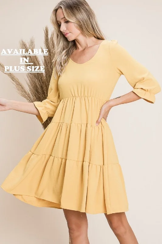 MUSTARD TIERED HIGH WAIST 3/4 SLEEVES PLUS SIZE MINI DRESS RJW5865XL Comfortable Bodycon Mini Dress