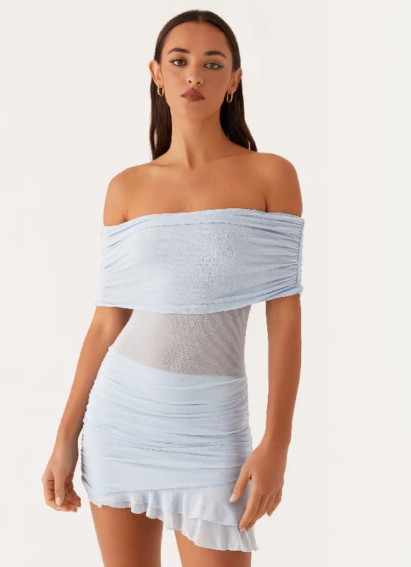 Nelly Off Shoulder Mini Dress - Blue Fashionable Boho-Chic Mini Dress