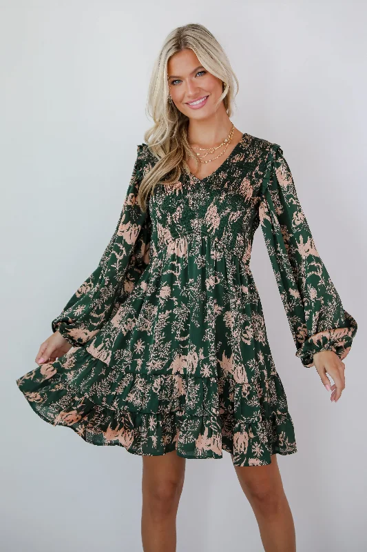 Notable Delight Hunter Green Floral Mini Dress Elegant Mini Dress with Ruffles