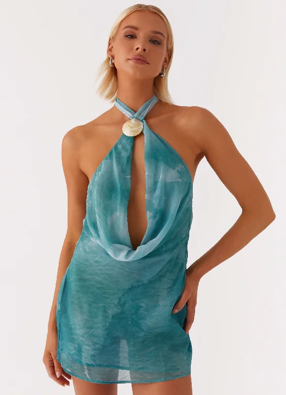 Oceans Away Deep Cowl Mini Dress - Green Tie Dye Trendy Off-Shoulder Dress Mini