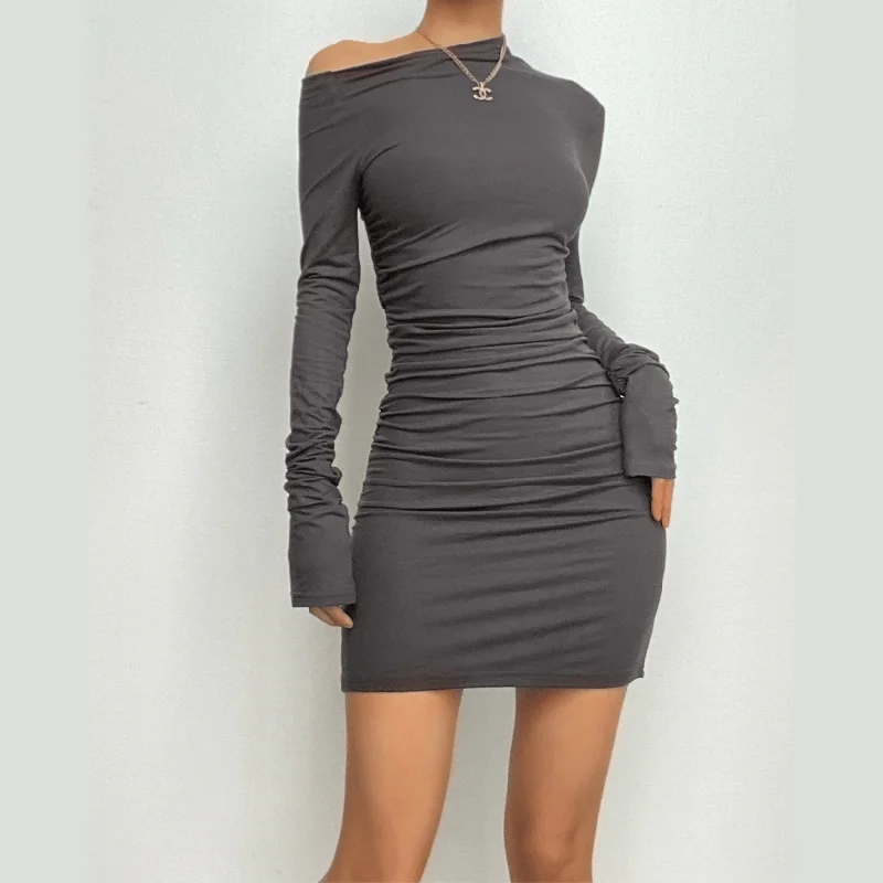 Off shoulder long sleeve ruched backless solid mini dress Cozy Knit Mini Dress