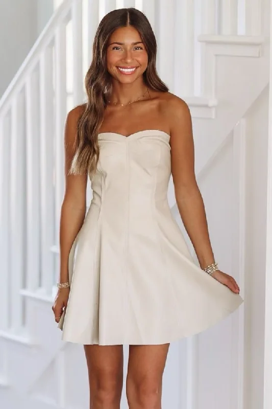 On My Mind Vegan Leather Mini Dress - Ecru Trendy Bodycon Mini Dress