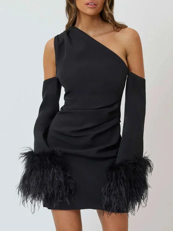 One Shoulder Feather Decor Mini Dress Modern Satin Mini Dress