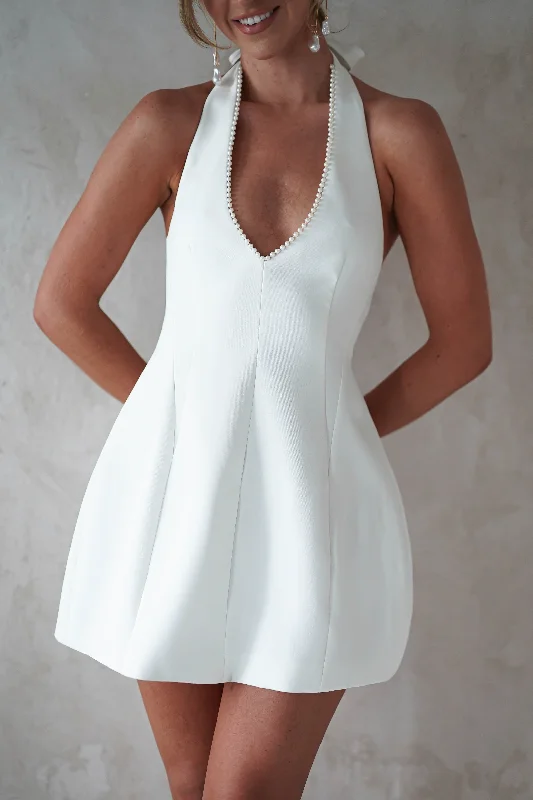 Peyton Pearl Detail Mini Dress | White Casual V-Neck Mini Dress