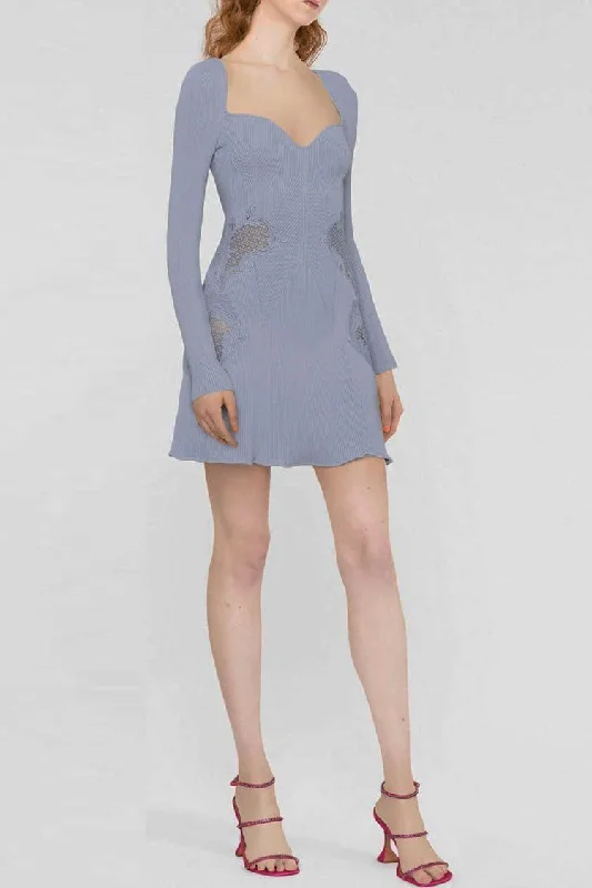 Pretty Sweetheart Long Sleeve Lace Trim Cashmere Sweater Mini Dress - Blue Trendy A-Line Mini Dress