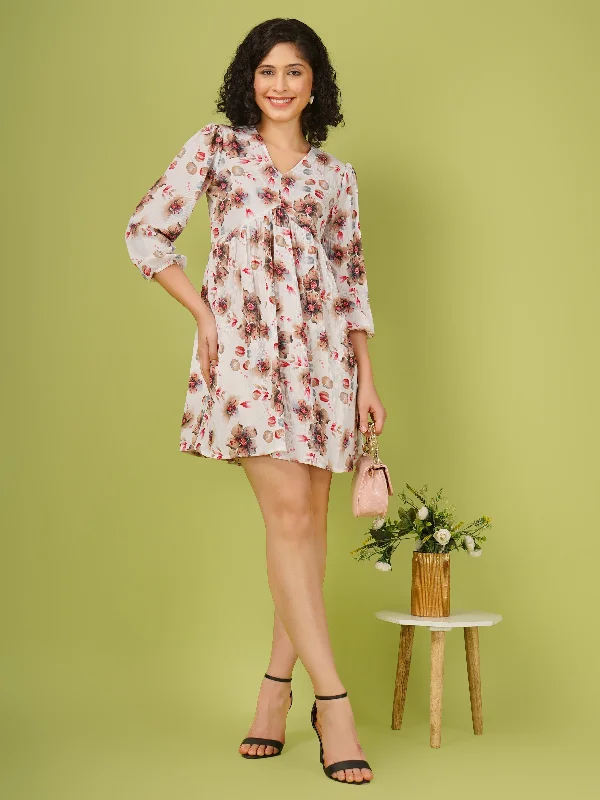 Pretty White Floral Printed Fit and Flare Mini Dress Comfortable Wrap Mini Dress