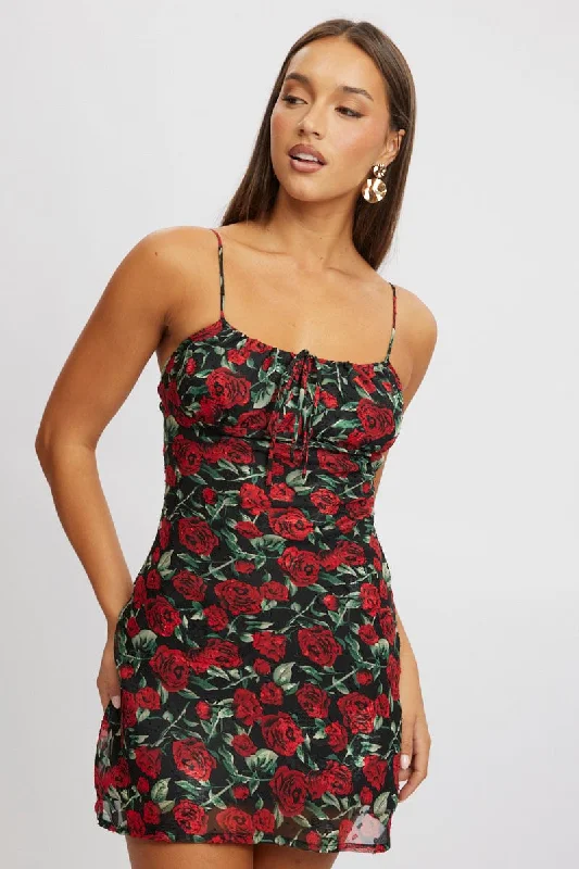 Red Floral Mini Dress Bias Trendy Floral Mini Dress