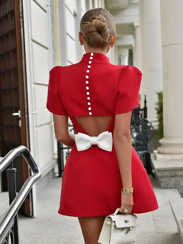 Elegant Hollow Out Red Mini Dress With Fashion Bow - Now In White Too! Cozy Jersey Mini Dress