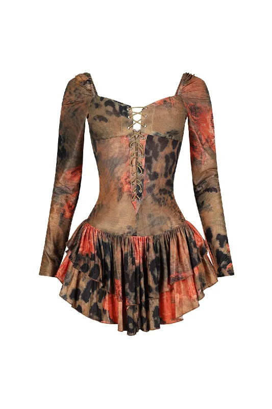 Reyna Print Mesh Ruffle Mini Dress Elegant Off-Shoulder Dress Mini