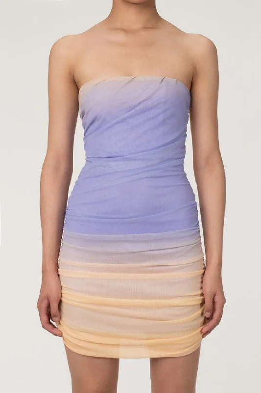 Romantic Ombre Tie Dye Strapless Ruched Bodycon Mesh Party Mini Dress Stylish Sweetheart Mini Dress