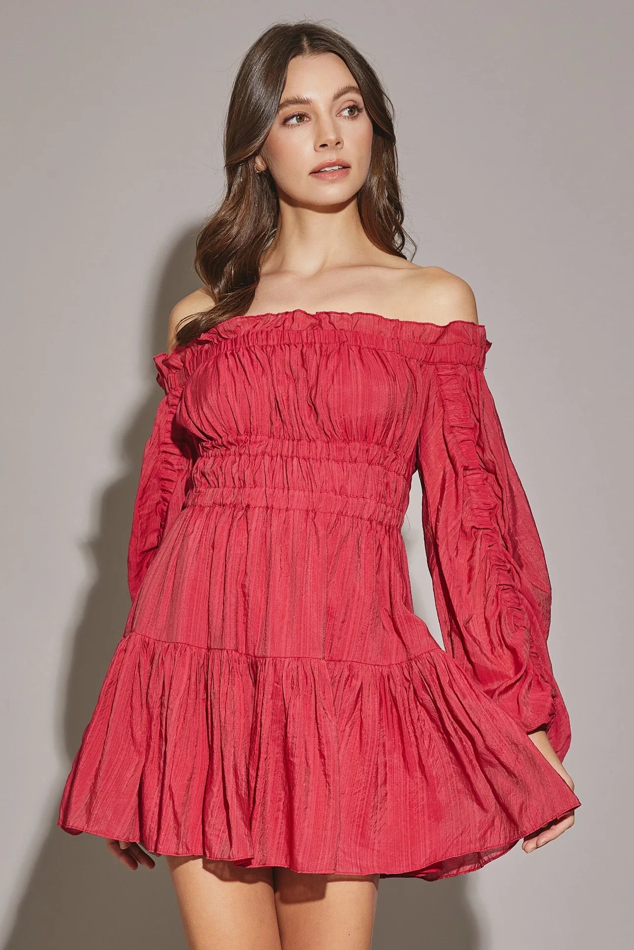 Off The Shoulder Shirred Tiered Hem Mini Dress Chic Mini Dress with V-Neck