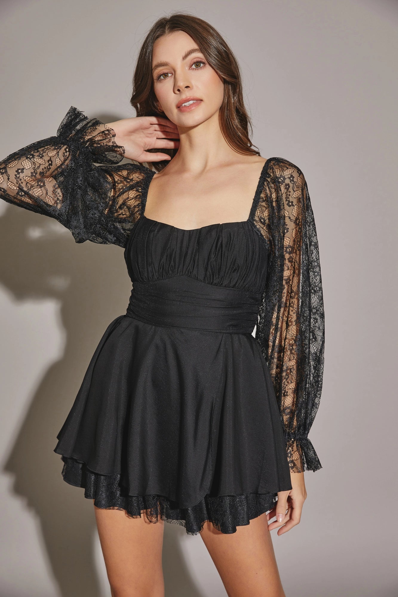 Lace Long Sleeve Flare Layered Silhouette Mini Dress Fashionable Off-Shoulder Mini Dress