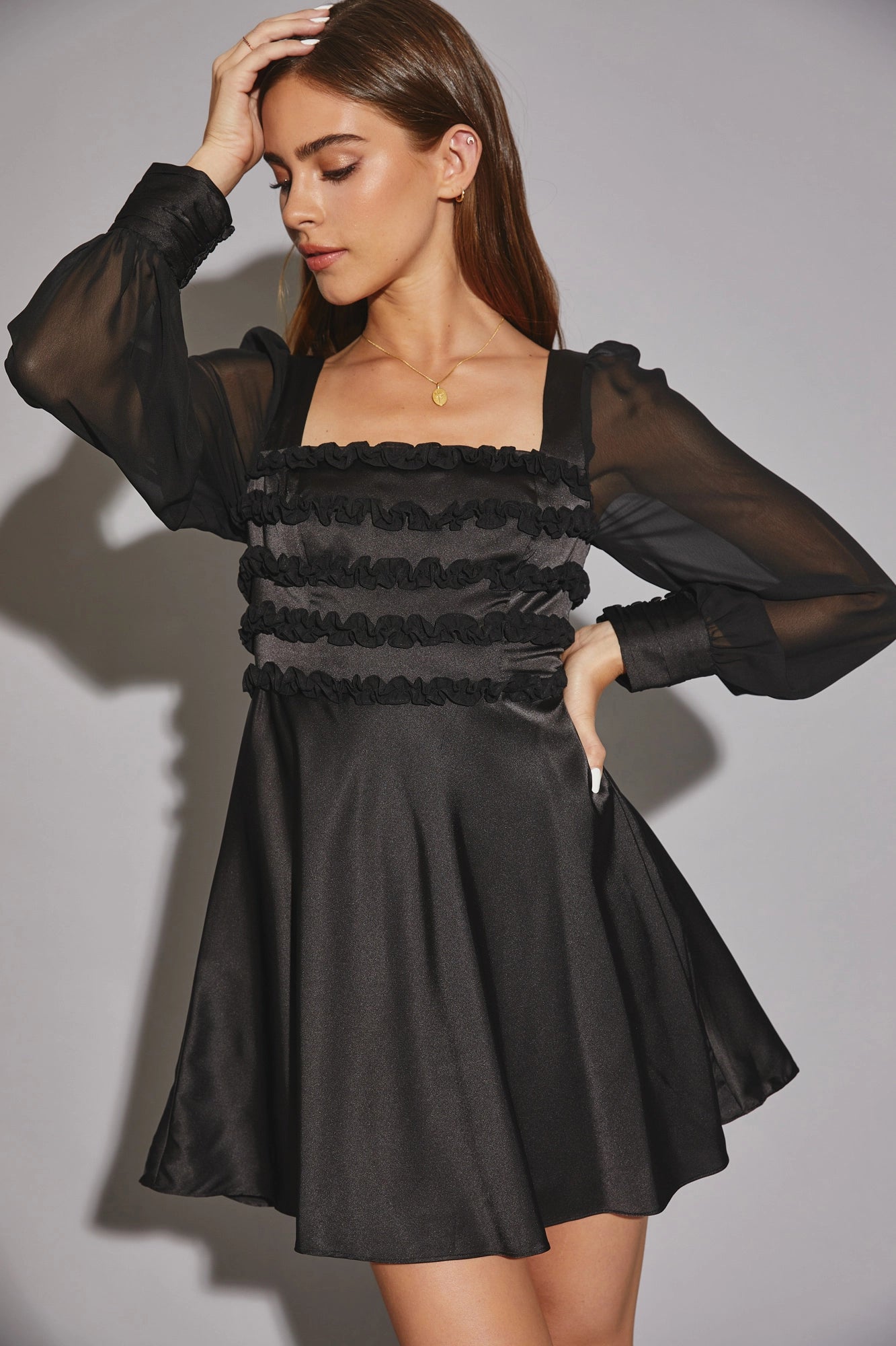 Satin Long Chiffon sleeve Ruffle Mini Dress Chic Mini Dress with V-Neck