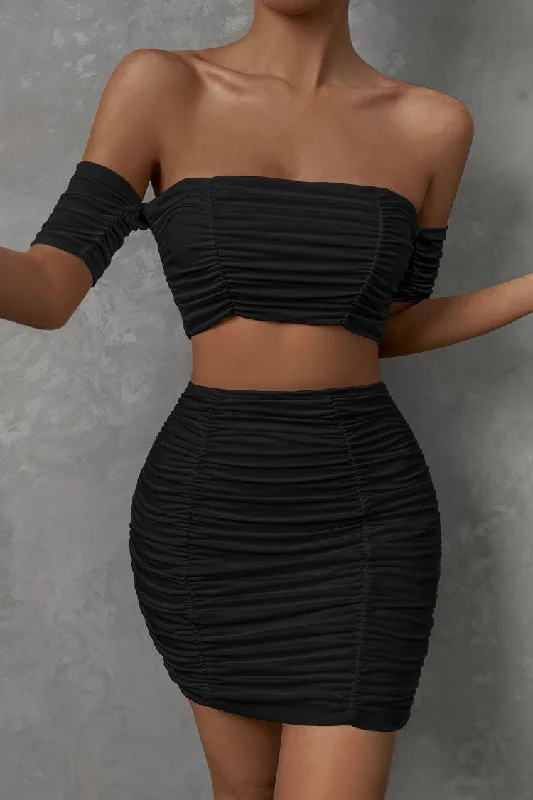 Sexy Off Shoulder Crop Top High Waist Ruched Two Piece Club Mini Dress - Black Elegant Vintage Mini Dress