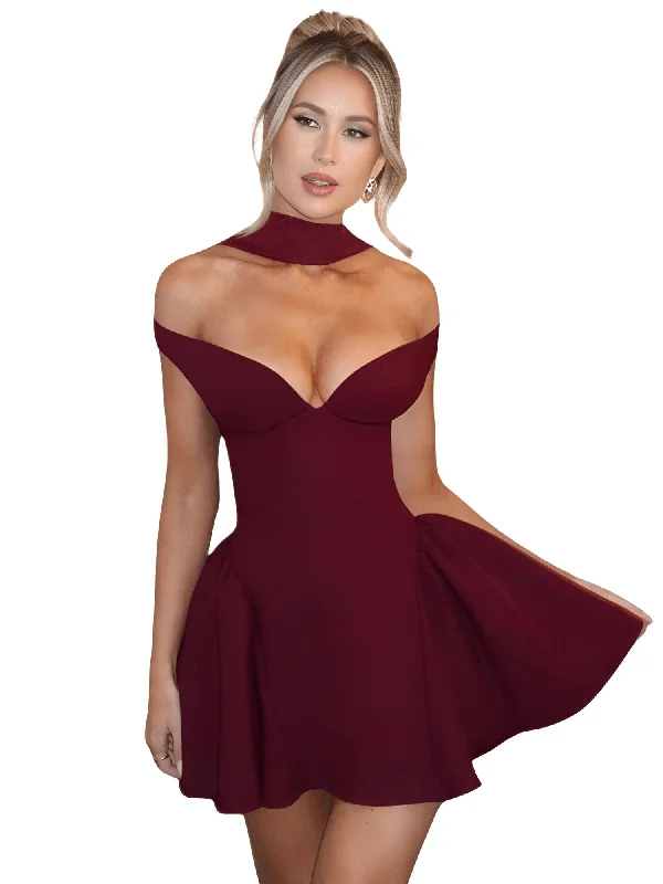 Backless Sexy Off Shoulder Mini Dress For Women Wine Red Sleeveless Strapless High Waist A-line Club Party Sexy Dress Stylish Plaid Mini Dress