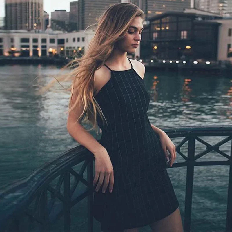 Sexy Off Shoulder Plaid Mini Dresses Women Vintage Sling Loose A-line Dress Summer Ladies Fashion Elegant Simple Dress Vestidos Trendy Button-Detail Mini Dress
