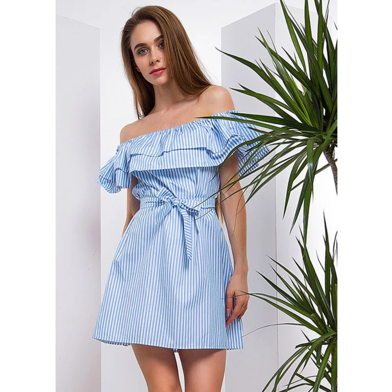 Sexy Slash Striped Ruffle Sleeveless Mini Dresses Women Casual Lace Up Above-knee Dress Summer Ladies Party Club Dress Vestidos Chic Tropical Mini Dress