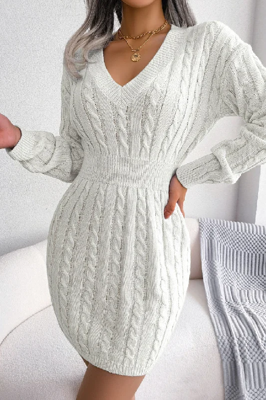 Sexy V Neck Winter Fisherman Cable Knit Sweater Mini Dress - White Cozy Ruched Mini Dress