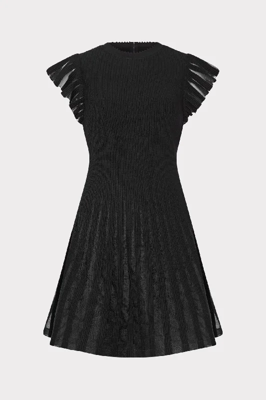 Sheer Flutter Sleeve Knit Mini Dress Fashionable Pleated Mini Dress