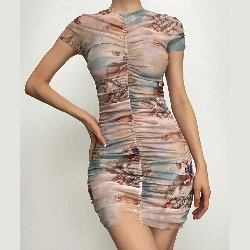 Sheer mesh see through abstract ruched short sleeve contrast mini dress Trendy Tulle Mini Dress