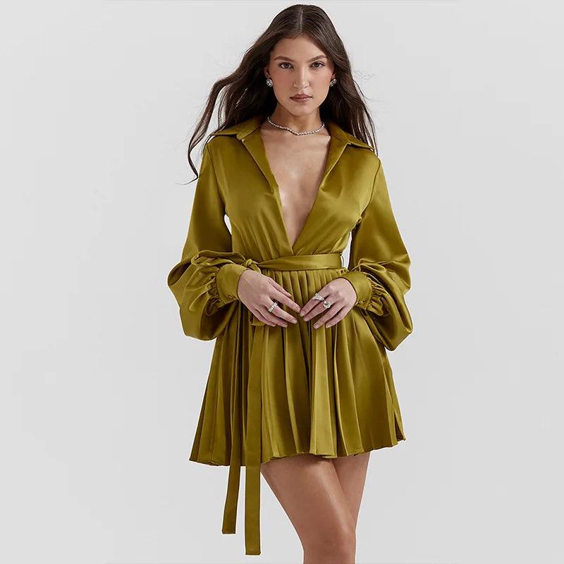 Silk Long Sleeve Pleated Mini Dress Fashionable Lace Mini Dress