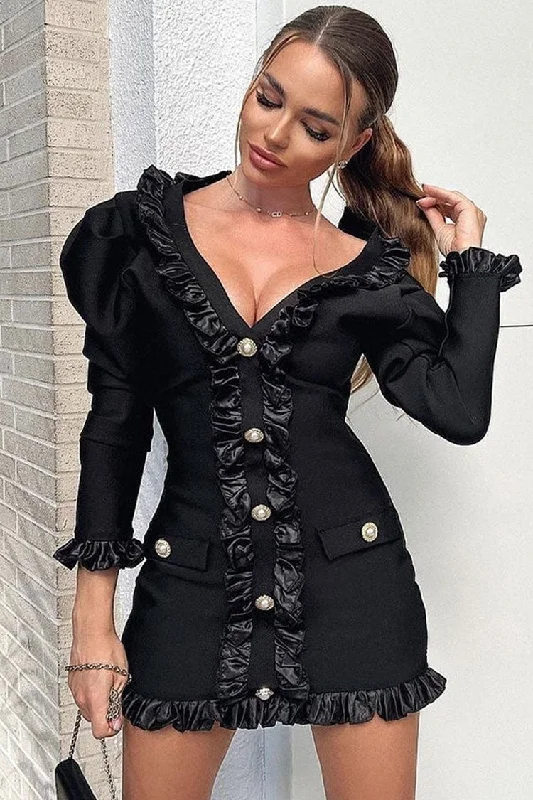 Silky Satin Pleated Trim Long Sleeve Bodycon Bandage Mini Dress - Black Stylish Puff Sleeve Mini Dress