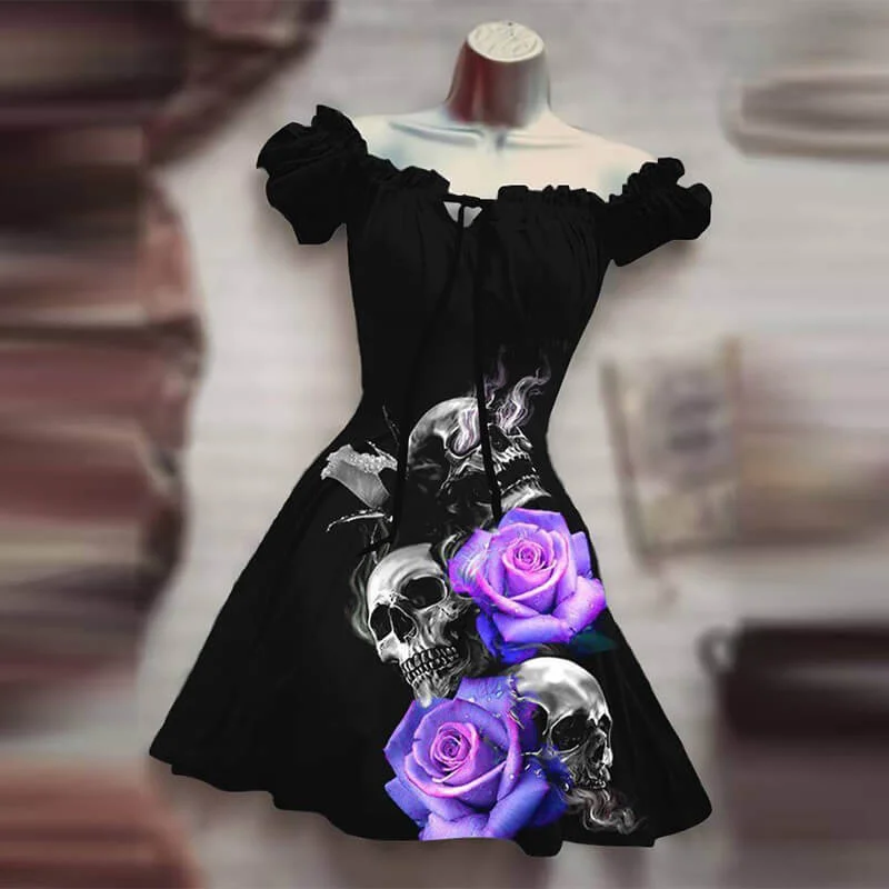 Skull Rose Print Puff Sleeve Mini Dress Elegant Floral-Print Mini Dress