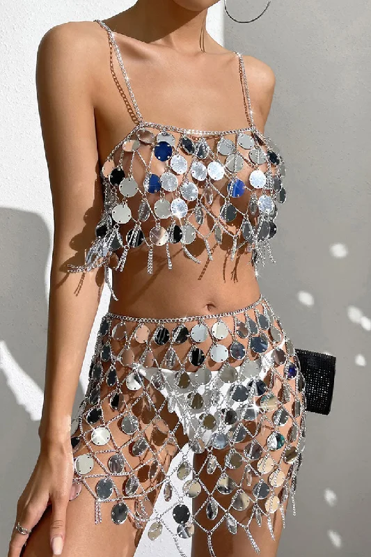 Sparkly Disc Sequin Crop Top Sheer Club Two Piece Mini Dress - Silver Trendy A-Line Mini Dress