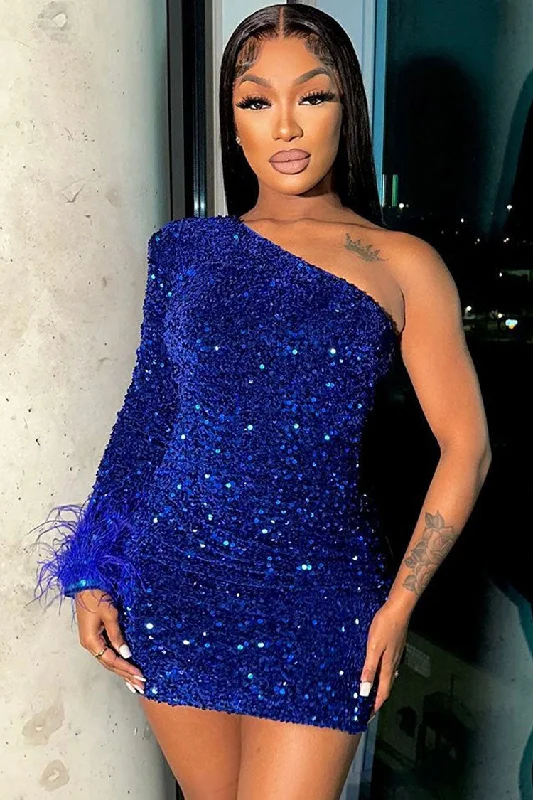 Sparkly One Shoulder Bodycon Velvet Feather Sequin Party Mini Dress - Royal Blue Comfortable One-Shoulder Mini Dress