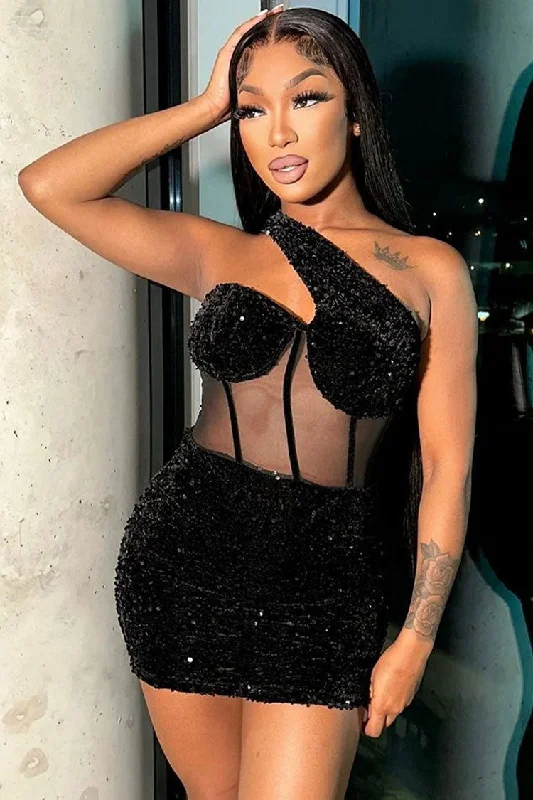 Sparkly One Shoulder Mesh Velvet Sequin Bodycon Party Mini Dress - Black Classic Black Mini Dress